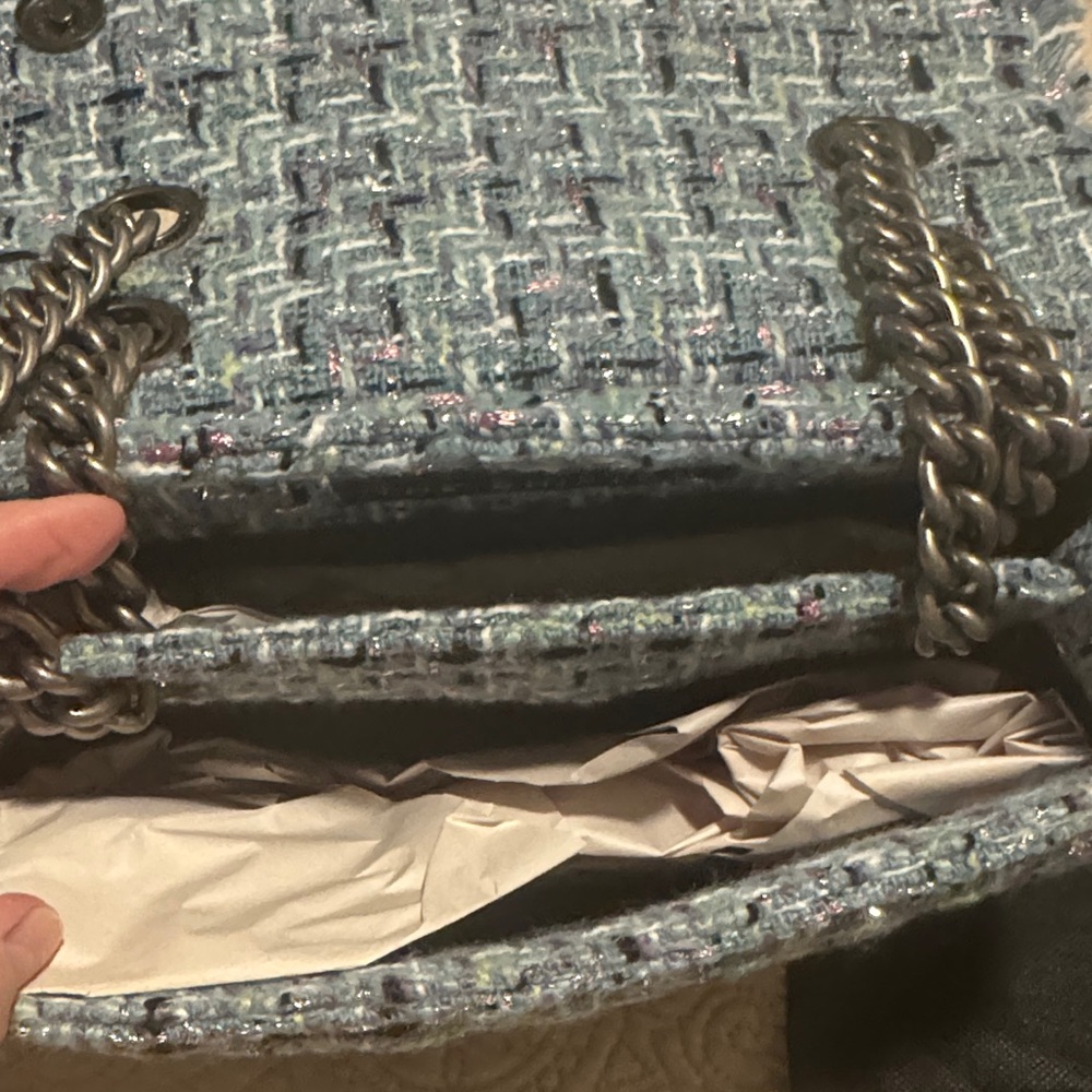 Kurt Geiger Light Blue Tweed Shoulder Bag with Chain Strap - Picture 2 of 3